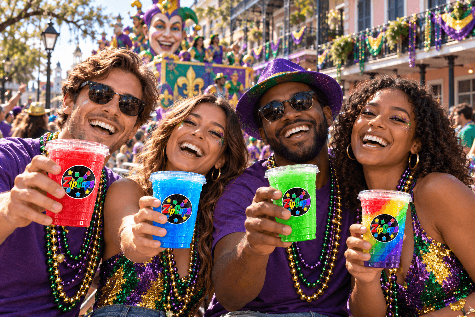 Friends enjoying colorful ZipCups frozen treats at a parade